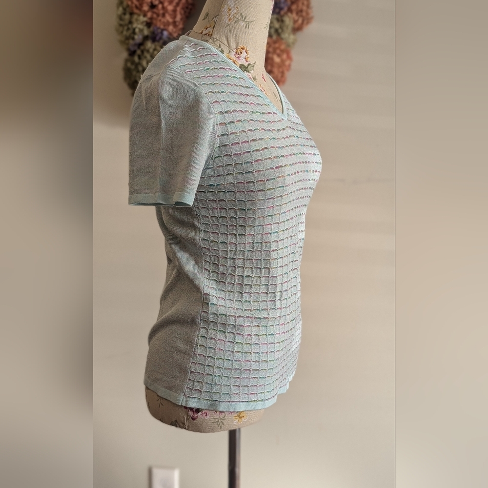 Camela elegant Pastel Blue V-Neck Short Sleeve Top - Picture 3 of 7